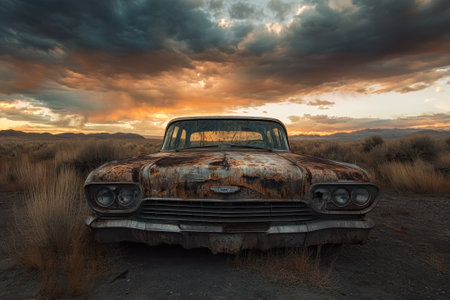 A vintage car covered in rust sits in a desolate landscape as clouds gather above during sunset.の写真素材