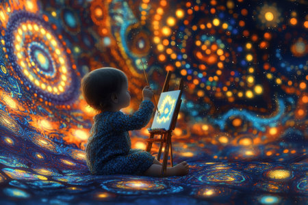 A young child sits focused on painting, surrounded by a mesmerizing swirl of bright colors and patterns.の写真素材