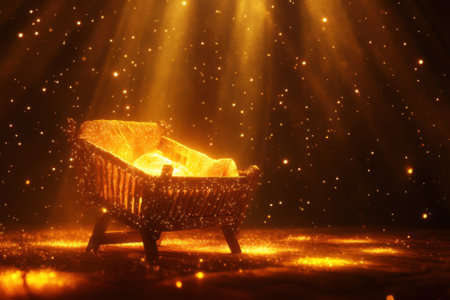 A beautifully crafted cradle shines under soft, glowing light, surrounded by sparkling dust in the air.の写真素材
