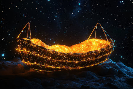 A luminous boat filled with golden light drifts amid a star-filled night sky, creating a magical atmosphere.の写真素材