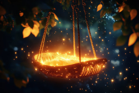 A glowing basket radiates warm light under a starry sky, surrounded by softly illuminated leaves and sparkles.の写真素材
