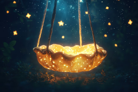 A magical swing adorned with lights hangs amidst twinkling stars under a dark night sky in a serene forest.の写真素材