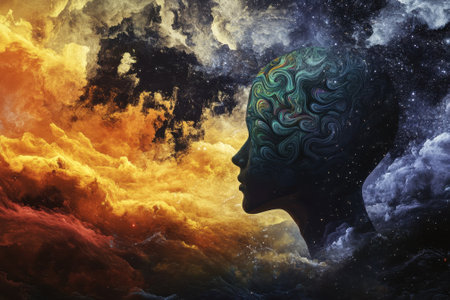 A silhouette of a person merges with colorful cosmic clouds, showing vibrant swirling patterns in the head.の写真素材