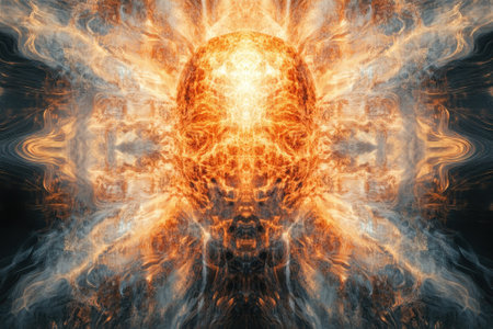 An intricate design with a glowing face surrounded by dynamic, swirling colors and energy patterns.の写真素材