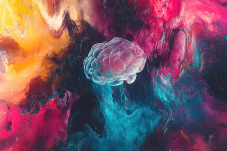 Swirling patterns of vibrant colors surround a detailed brain representation, creating a fascinating visual effect.の写真素材