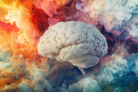 A brain floats amidst vibrant, swirling clouds in a surreal and colorful abstract composition.の写真素材