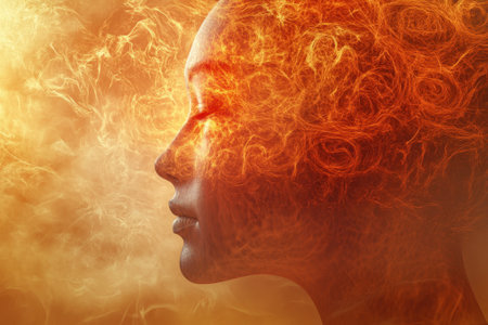 A woman's silhouette is enveloped in mesmerizing fiery wisps, creating an enchanting and mystical atmosphere.の写真素材