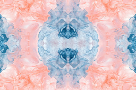 Colorful swirls of pink and blue merge harmoniously, showing an intricate abstract design full of movement.の写真素材
