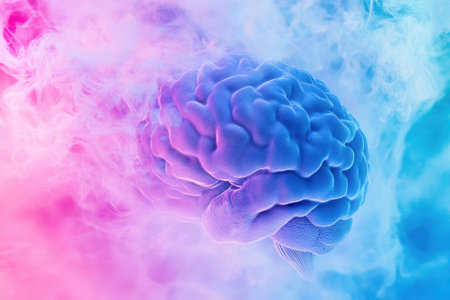A vividly colored brain floats amidst swirling pink and blue smoke, representing creativity and thought processes.の写真素材