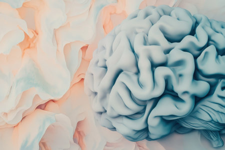 Unique study of a detailed brain model positioned on an abstract pastel backdrop, highlighting texture and design.の写真素材