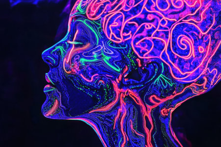 A creative representation of a woman's profile with neon lines and patterns showcasing a vivid and artistic style.の写真素材