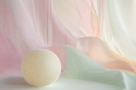 Delicate pastel fabrics drape gracefully, highlighting a round object in a tranquil setting during daylight.の写真素材