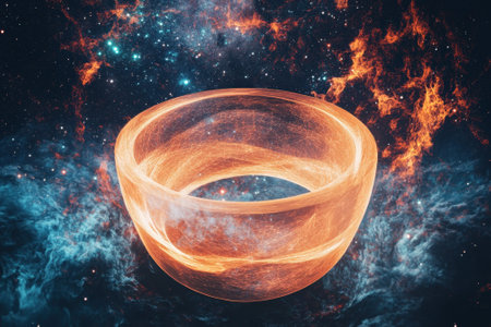 A glowing bowl hovers in deep space, surrounded by colorful cosmic clouds and twinkling stars.の写真素材