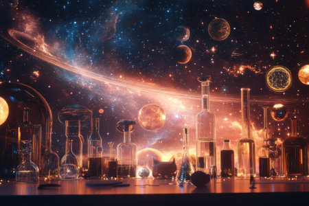 A mystical laboratory with various glass containers displays cosmic elements and celestial bodies.の写真素材