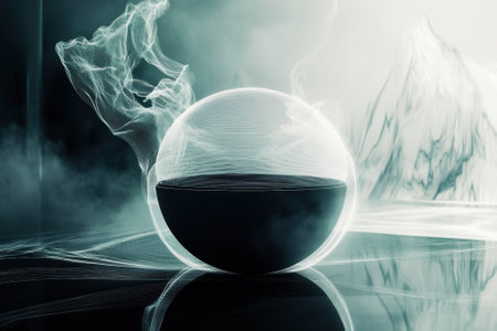 An enigmatic spherical form sits in a misty environment, surrounded by wisps of smoke and subtle lighting.の写真素材