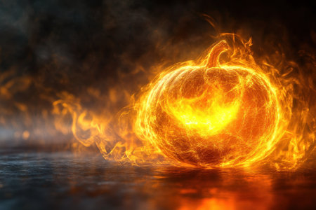 A glowing pumpkin radiates bright orange flames, creating a thrilling Halloween atmosphere.の写真素材
