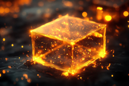 A luminous cube emanates warm light and is surrounded by radiant sparks in a dark environment at night.の写真素材