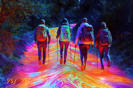 A group of four hikers trek down a colorful, illuminated trail surrounded by nature as dusk approaches.の写真素材