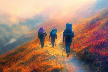 Three hikers trek along a scenic mountain path surrounded by colorful terrain and soft morning light.の写真素材