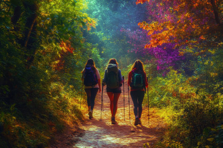 Friends enjoy a hike on a vibrant forest path surrounded by autumn foliage and warm sunlight.の写真素材