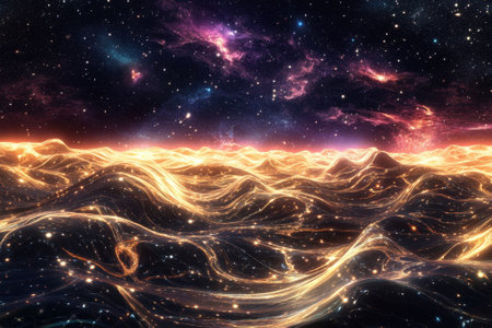 Waves of vibrant light flow under a vast starry sky, illuminated by distant galaxies and shimmering colors.の写真素材