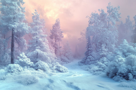 A tranquil forest in winter, featuring snow-covered trees and a soft morning light illuminating the landscape.の写真素材