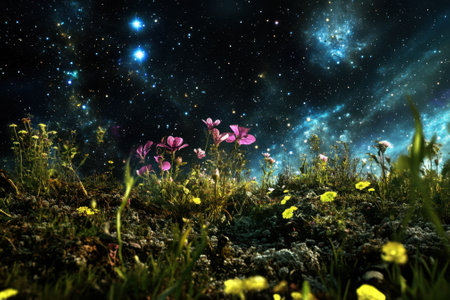 Colorful flowers grow in a lush field under a mesmerizing starry sky, blending nature with a cosmic backdrop.の写真素材