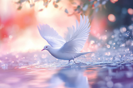 A white dove lands softly on water, creating ripples as vibrant colors surround the tranquil setting.の写真素材