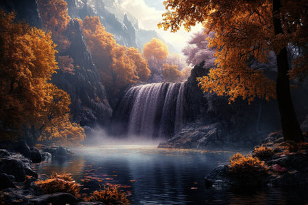 A spectacular waterfall cascades into a tranquil pool, framed by colorful autumn trees under a soft light.の写真素材