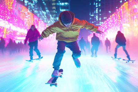 Skaters enjoy a vibrant display of lights while riding under skyscrapers during an evening activity.の写真素材