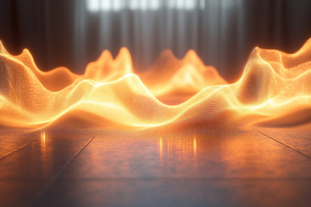Luminous sound waves undulate over a smooth surface, casting a warm glow in the low light of the room.の写真素材