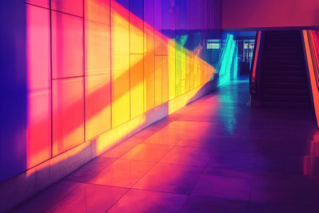 Bright colors reflect on the floor and walls of a corridor, creating a striking visual display in the space.の写真素材