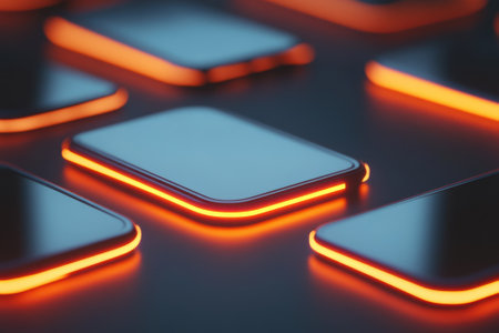 Sleek smartphones with illuminated edges are creatively placed on a dark surface, showcasing modern design.の写真素材