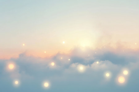 Gentle dawn brings a soft glow, illuminating clouds and creating a magical atmosphere filled with light orbs.の写真素材