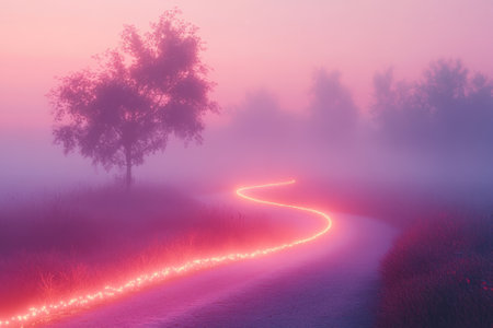 A soft mist envelops a serene landscape, highlighting a winding path with glowing lights stretching into the distance.の写真素材