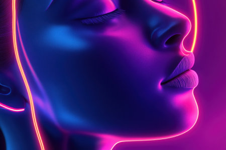 A close-up view of a woman's profile highlighted by striking neon light effects, creating an artistic ambiance.の写真素材