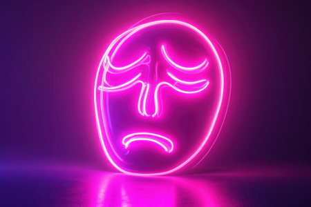A neon mask displaying a sorrowful expression glows in pink and purple hues against a dark background.の写真素材