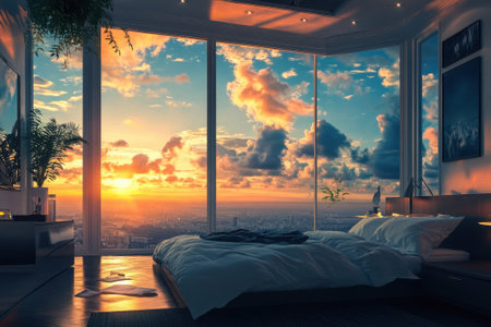 A cozy bedroom offers a stunning sunset view over the city, with colorful clouds framing the horizon.の写真素材