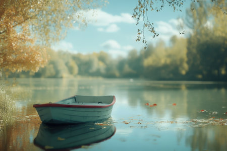 A small, wooden boat is anchored on a serene lake surrounded by colorful autumn trees reflecting in the water.の素材