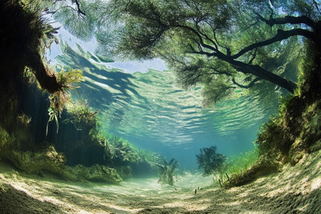 A serene underwater scene with clear water, lush greenery, and sunlight creating patterns on the sandy bottom.の写真素材