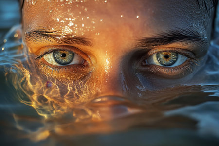 Person stares intensely from the water, with sparkling blue eyes highlighted by golden sunlight at dusk.の写真素材