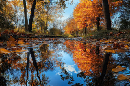 Colorful autumn trees surround a calm pond reflecting bright foliage and a clear sky.の写真素材