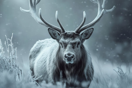 A strong deer stands proudly in a tranquil winter landscape amidst falling snowflakes.の写真素材