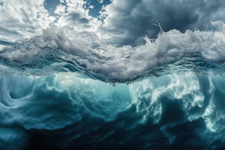 Powerful ocean wave forms as it crashes, revealing vibrant blue hues and dynamic textures underwater.の写真素材