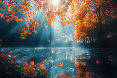 Soft sunlight illuminates vibrant autumn leaves over a peaceful lake, creating a serene atmosphere in nature.の写真素材