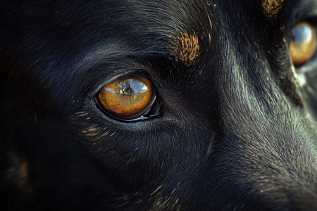 A black dog gazes intently with bright amber eyes, showing a reflection of its surroundings.の写真素材
