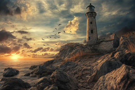 A tranquil lighthouse stands tall on rocky cliffs as the sun sets, with birds soaring in the vibrant sky.の写真素材