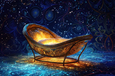 A fantastical armchair glows brightly, surrounded by colorful cosmic patterns and sparkling stars.の写真素材