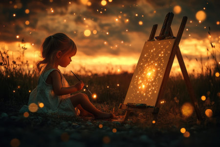 As the sun sets, a child focuses on creating a sparkly artwork on an easel in a tranquil field.の写真素材