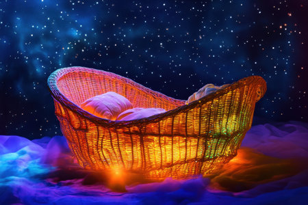 A wicker basket filled with pillows emits vibrant colors in a starry, ethereal night setting.の写真素材